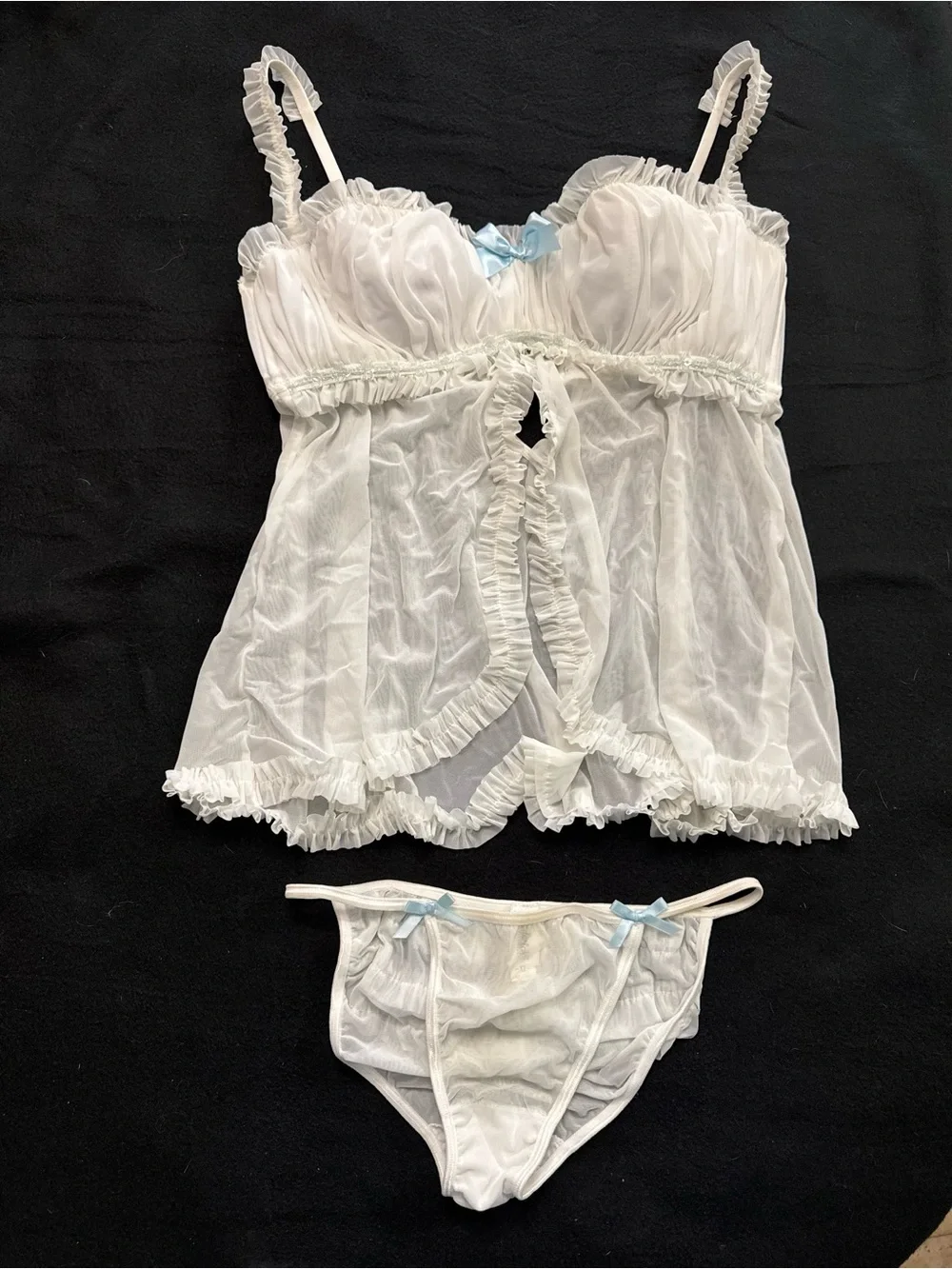 Frederick's of Hollywood White Sheer Babydoll Set with Light Blue Bows